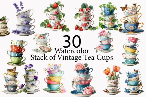 Download Stack of Vintage Tea Cups Clipart - Tea Collection