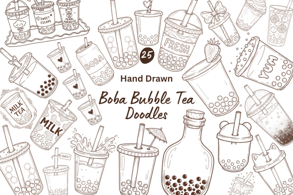 Download 25 Hand Drawn Boba Bubble Tea Doodles - Tea Collection