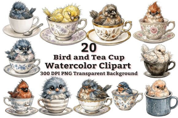 Download Whimsical Bird &amp; Vintage Tea Cup Clipart - Tea Collection